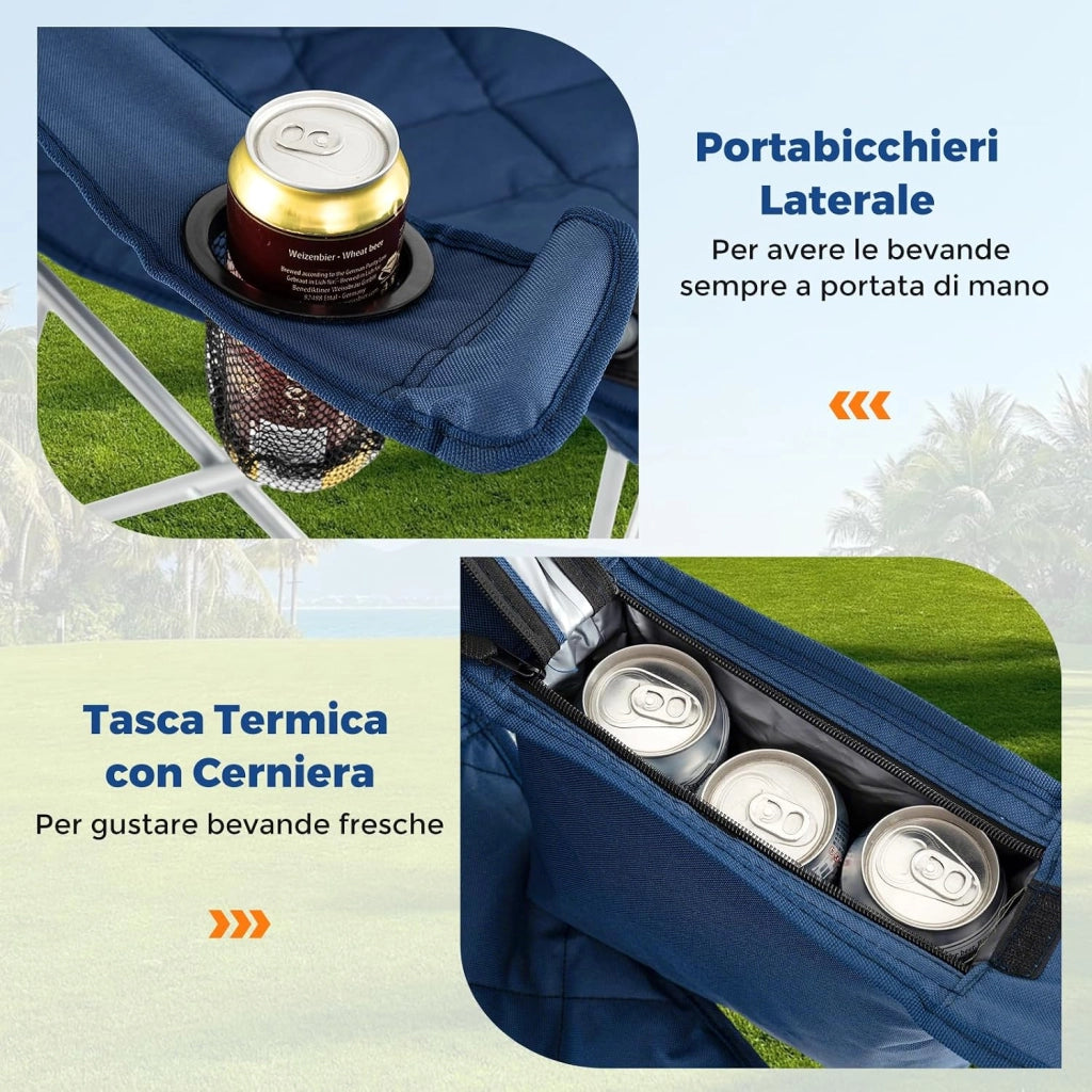 Sedia da Campeggio Pieghevole, Poltrona Esterni con Tasca Frigorifero e Portabicchieri, Sedia da Picnic con Borsa da Trasporto, Portata 227 kg, per Campeggio Pesca Picnic (Blu)