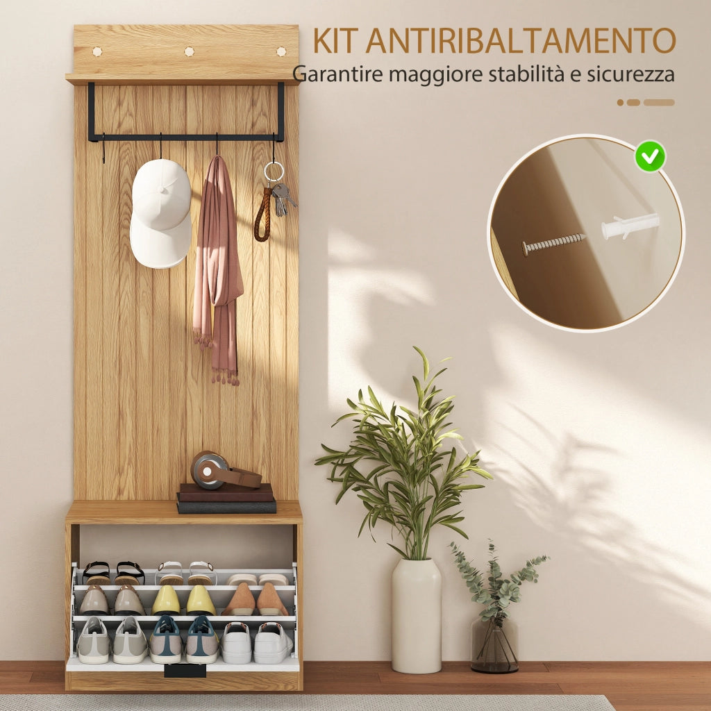 Mobile da Ingresso 60x30x170 cm con Panca Scarpiera e Appendiabiti con 4 Ganci in MDF e Metallo Rovere e Bianco