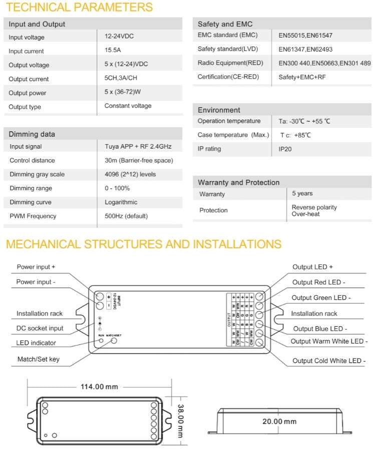 Centralina 5 Canali 12/24v RGB+CCT Dimmer 5 in 1 WIFI,RF,PUSH Gestibile da App Smartlife Tuya