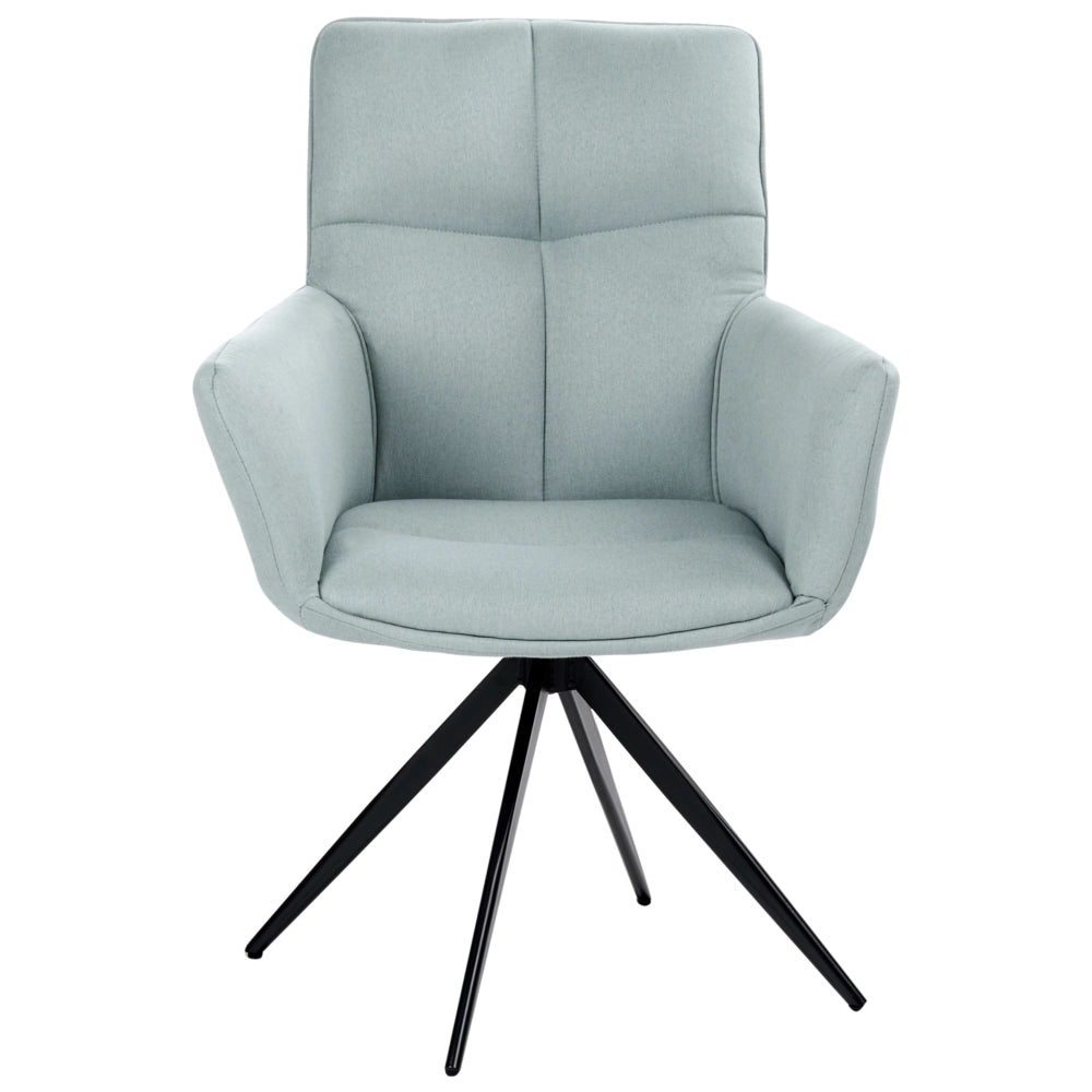Sedia da pranzo Mint con rivestimento in poliestere, gambe in ferro nero, braccioli e base girevole stile moderno per la sala da pranzo.