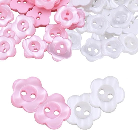 100 pezzi di bottoni a fiocco manuale - 2 fori - bianco e rosa - 12,5 mm