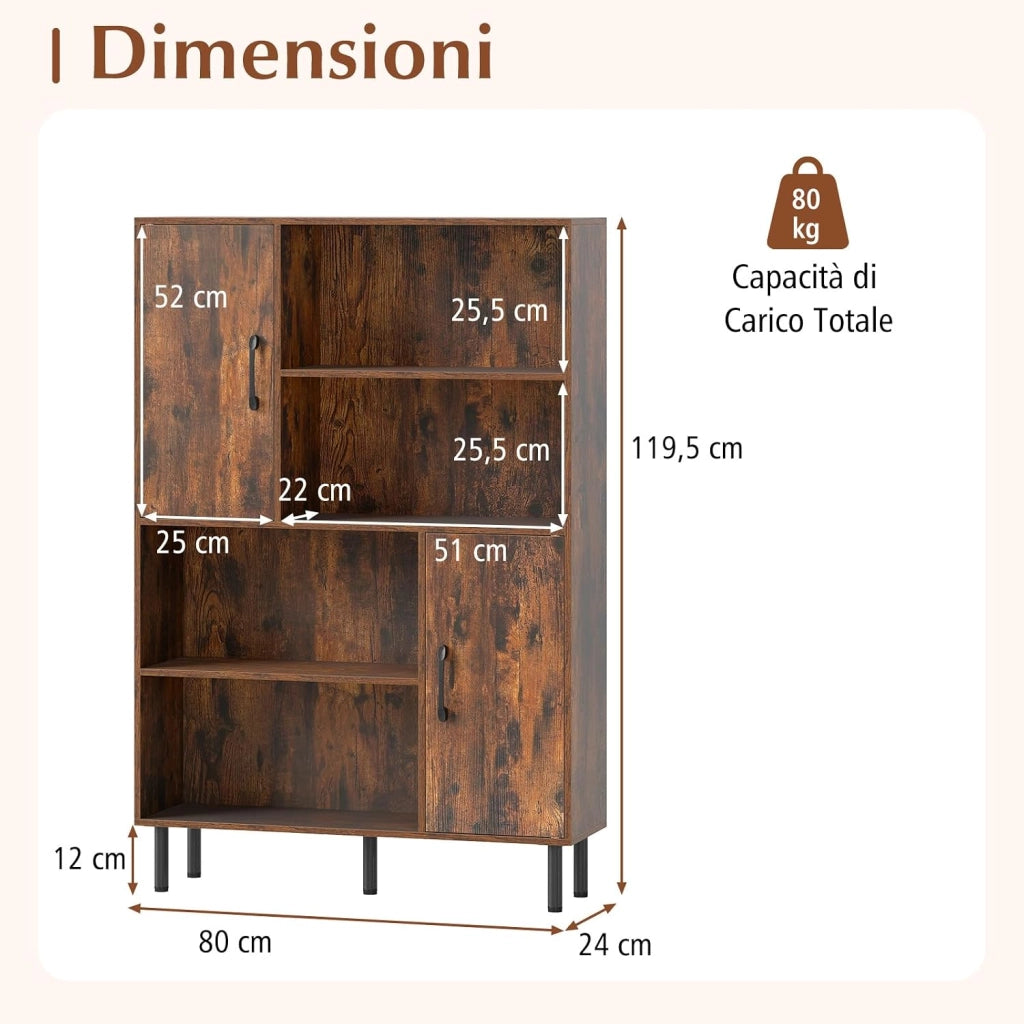 Credenza Mobile da Cucina, Libreria Verticale in Legno con 2 Ante, 4 Ripiani Aperti e 5 Gambe in Metallo, Mobile Dispensa Moderno per Soggiorno, Studio e Ufficio, 80 x 24 x 119,5 cm (Marrone)