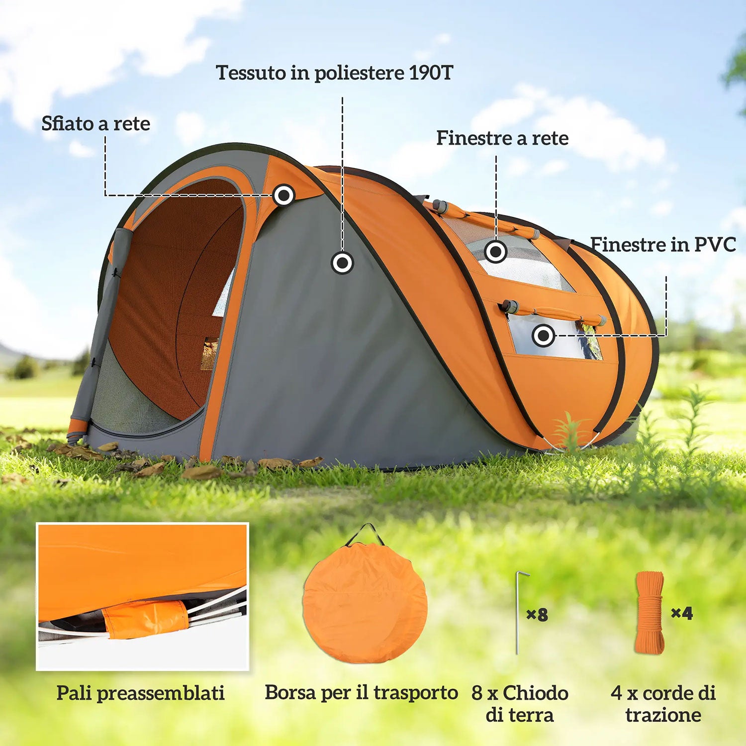 Tenda da Campeggio Pop Up 2 Posti 263,5x220x123 cm con 2 Porte 4 Finestre e Telo Impermeabile Arancione