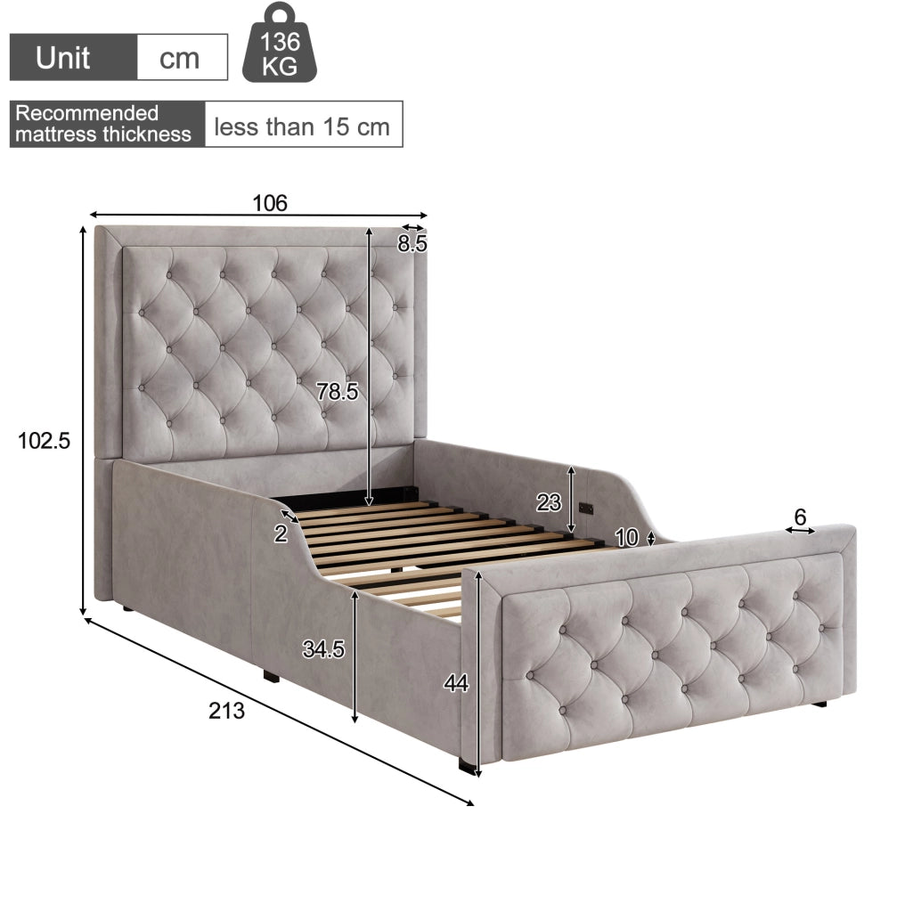 Letto singolo imbottito per bambini 90x200 cm in velluto grigio con contenitore e rete a doghe