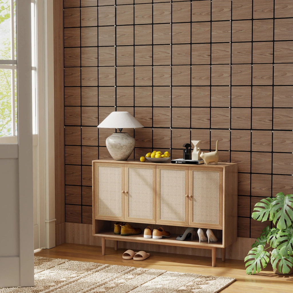 Set 4 pannelli acustici 62x62cm 9 tavole legno quadrate assorbente sonoro, Pannelli riduzione rumore decorazione soffitto parete