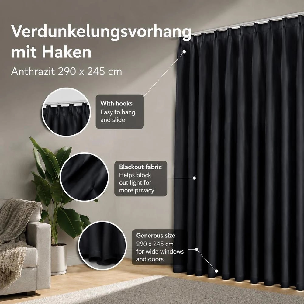 Blackout Curtain With Hooks, Anthracite, 290 X 245 Cm