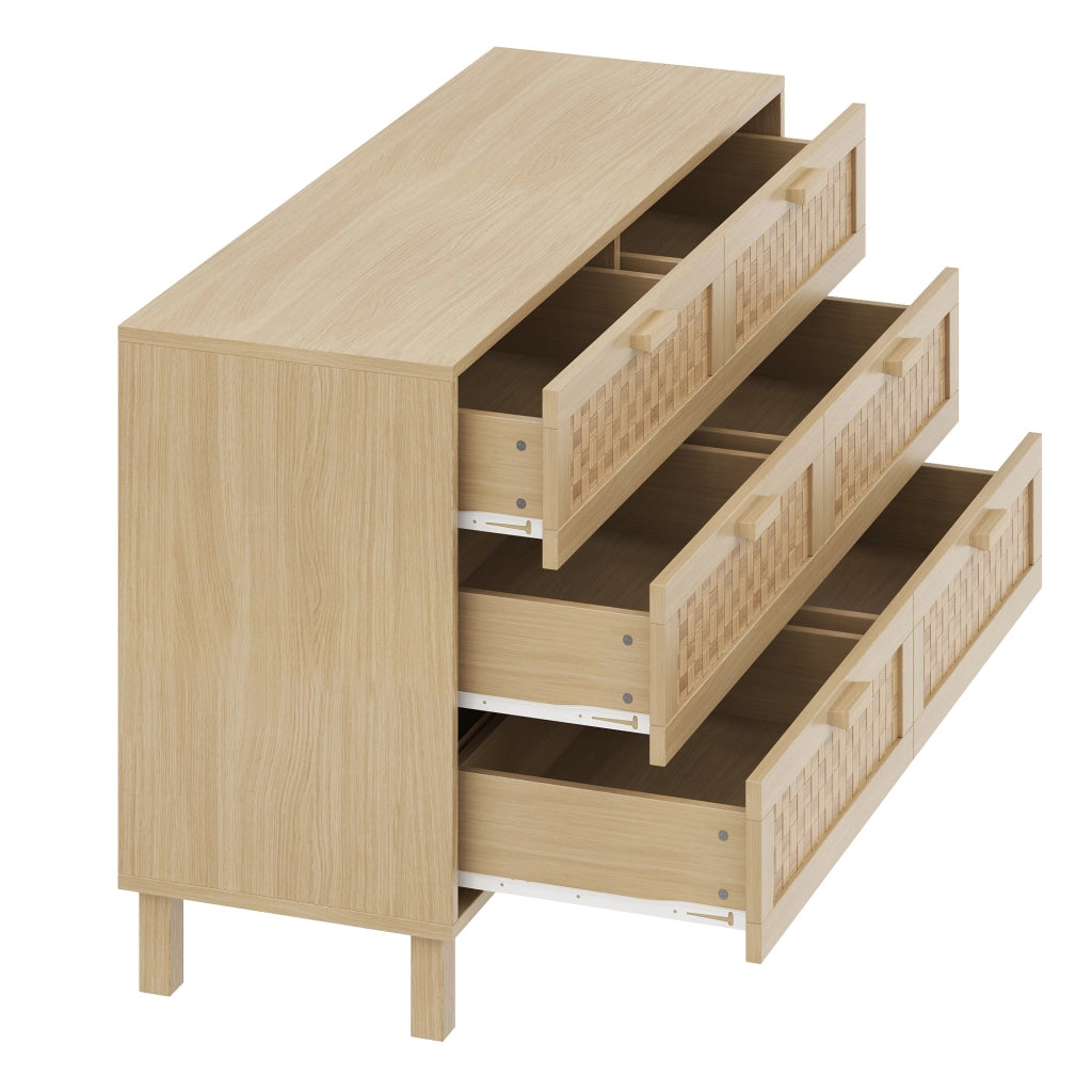 Credenza con 6 Cassetti; Frontali Effetto Rattan; Stile Naturale; in Pannello di Truciolare; 120??40??75 cm; Naturale