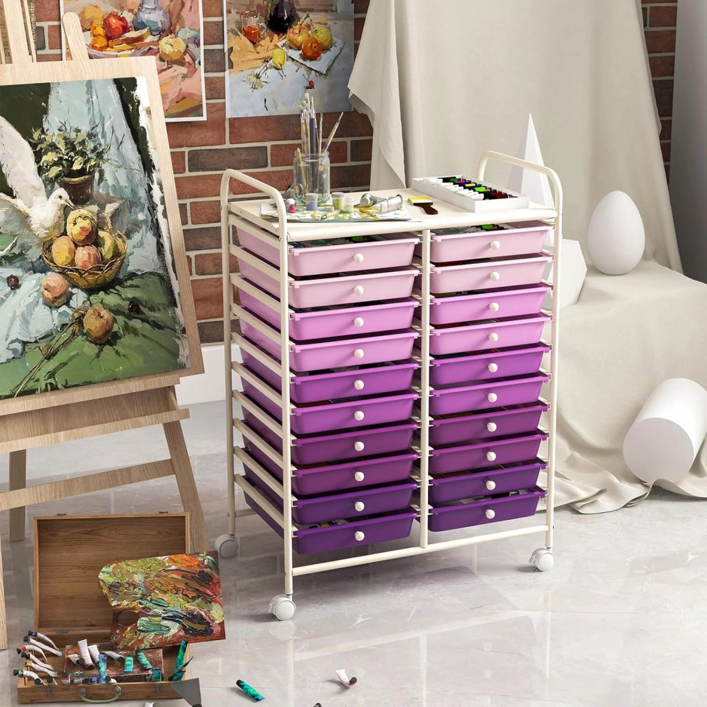 Carrello con 20 cassetti, impilabile, carrello per cassetti, da cucina, con ruote bloccabili, carrello per cucina, bagno, ufficio, 64 x 39 x 88 cm (viola)
