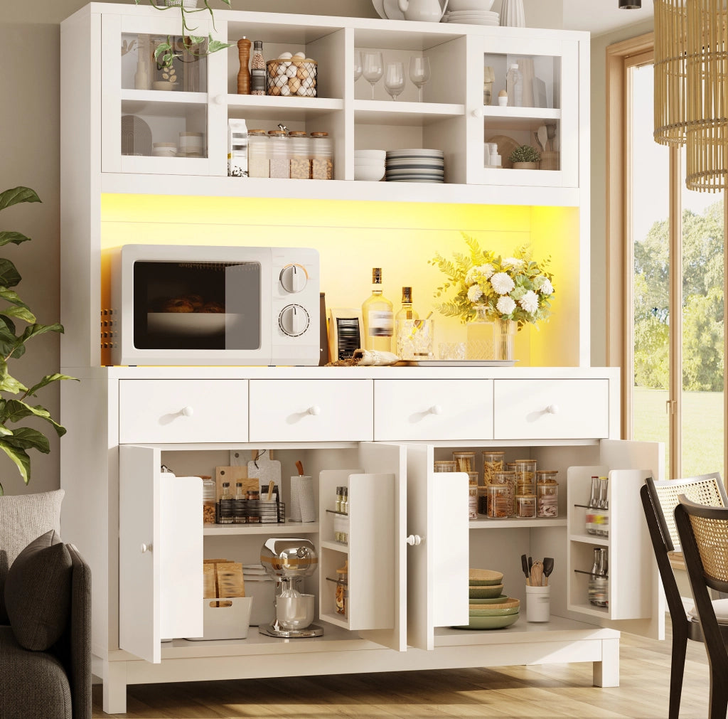 Credenza alta bianca con LED RGB, ante in vetro e 4 cassetti