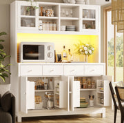Credenza alta bianca con LED RGB, ante in vetro e 4 cassetti