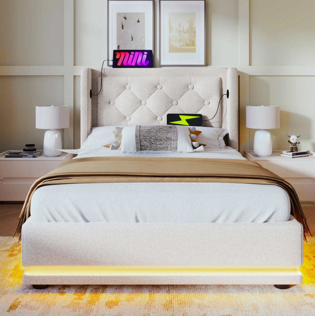 Letto singolo contenitore 90x200 beige con materasso, LED USB-C