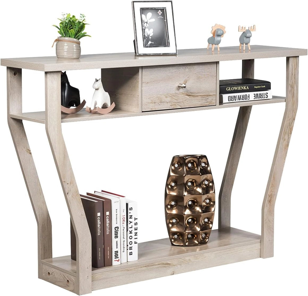 Tavolo Consolle Legno, a 3 Ripiani, Stretto e Compatto, Cassetto con Manico, Console per Soggiorno, Salotto, Ingresso, Portata di 60 kg, 120x30x81cm, 3 Colori (Marrone)