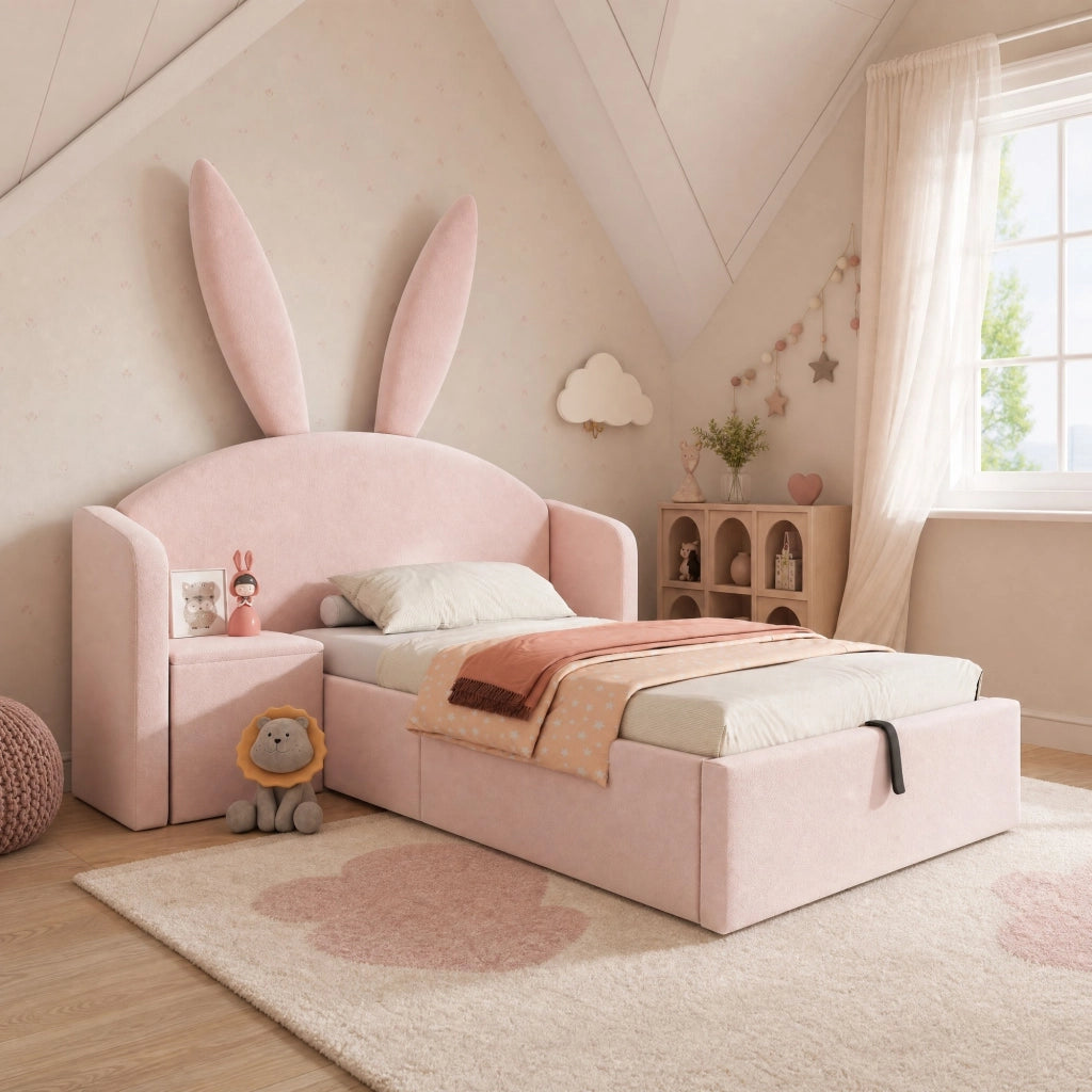 Letto per bambini 90x190 cm in velluto rosa con comodino contenitore, design con orecchie di coniglio