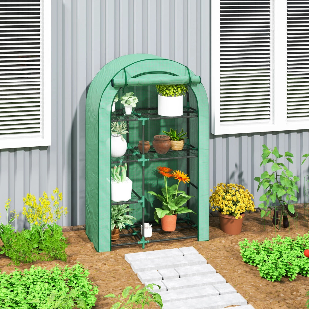 Serra da balcone e giardino con 7 ripiani, copertura UV e porta avvolgibile, acciaio verde 100x45x160 cm
