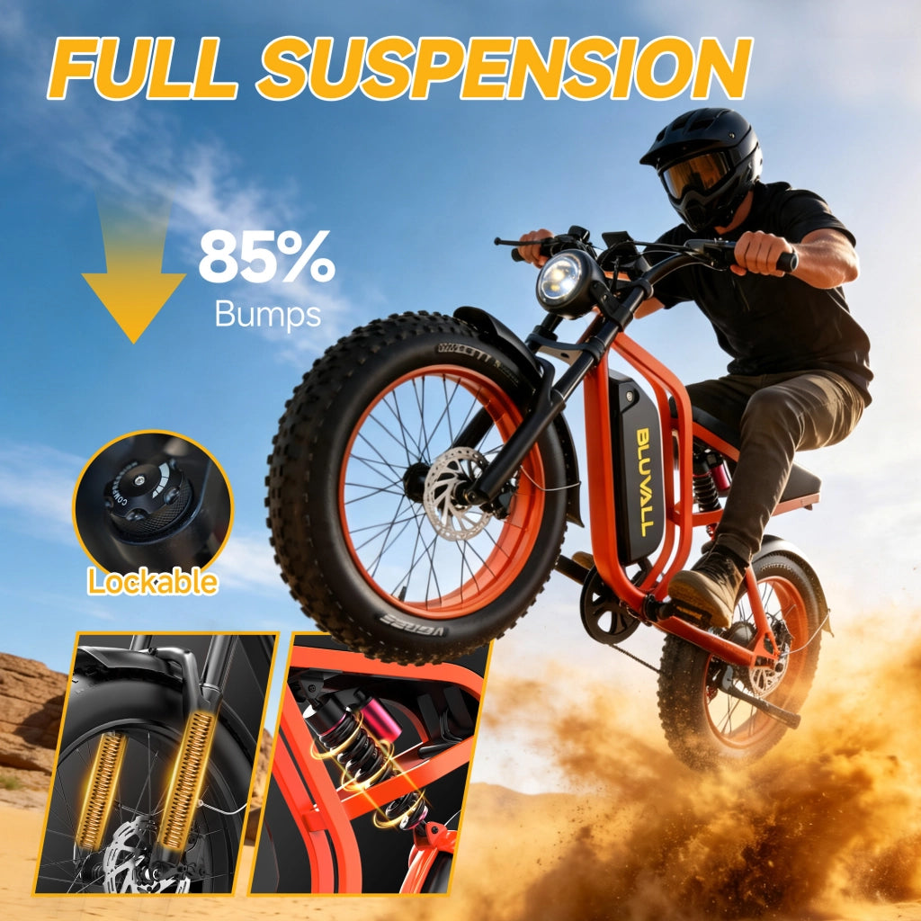 Bici Elettrica 20" Fat Bike 250W (Picco 1500W), Batteria 52V 20Ah Rimovibile con Serratura, Freni Idraulici + Doppia Sospensione Idraulica, Shimano 7 Marce, Bici per Citt¨¤ e Fuoristrada Portata 150kg