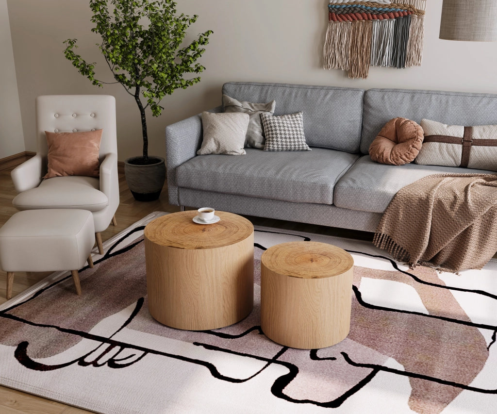 Tavolini bassi impilabili set da 2 con piano effetto anello naturale, per soggiorno, in legno e MDF, stile moderno