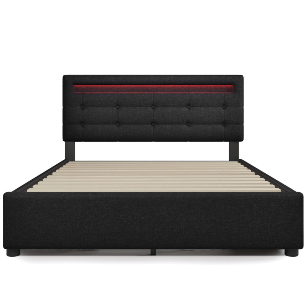 Letto matrimoniale 140x200 cm con LED; 4 cassetti; testiera regolabile; tessuto lino nero