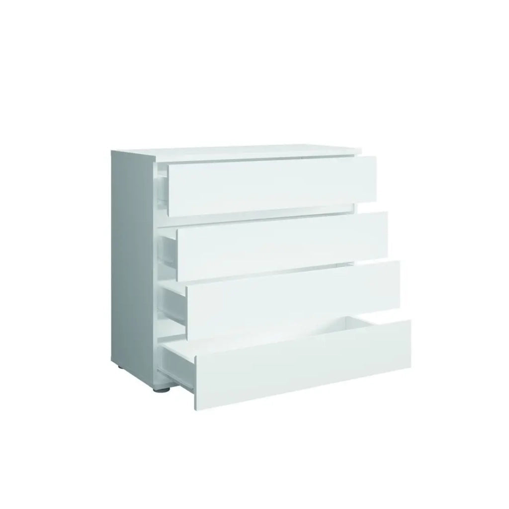 Set camera NOFI - Letto 180x200 cm con doghe, 2 cassetti, comodini, armadio e cassettiera - bianco