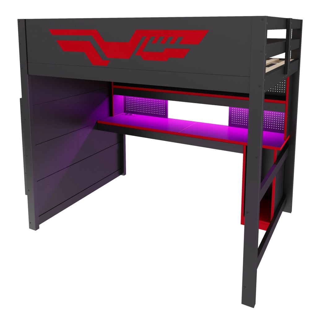 Letto a soppalco matrimoniale 140 × 200 cm con scrivania, 5 vani contenitore, LED e USB, senza materasso, nero e rosso