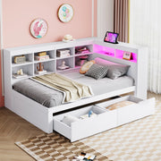 OKWISH Letto a Divano 90×200 cm, Letto Singolo con USB, Presa e LED Regolabile, Mensole e Cassetti, senza Materasso, Legno, Bianco