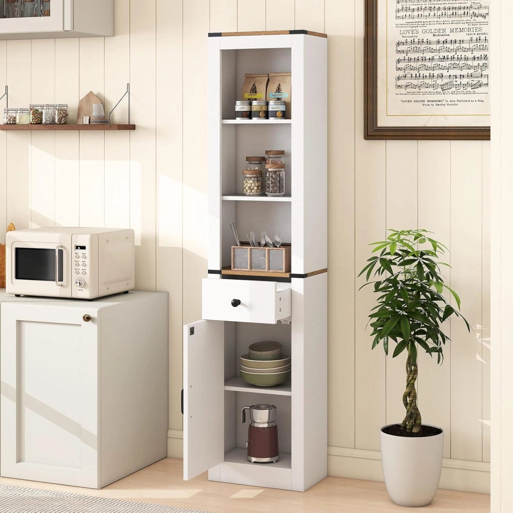 Armadio Bagno Salvaspazio, Mobile Bagno Alto Stretto con Scomparti Aperti, Cassetto e Ripiani Regolabili, Colonna Bagno per Lavanderia, Soggiorno e Cucina, 40 x 24 x 173 cm