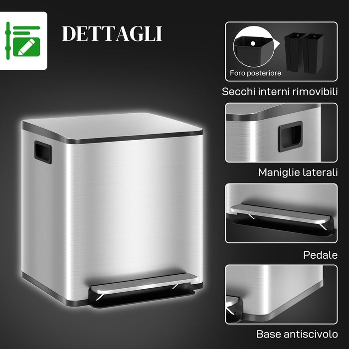 Pattumiera a Pedale 2 Sezioni 15L 41,8x36,7x44 cm in Acciaio Inox e PP