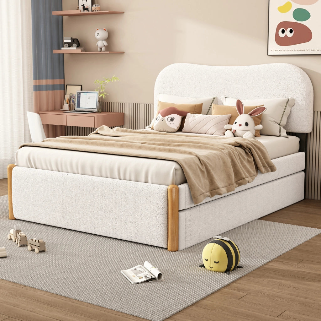 Letto imbottito 140 x 200 cm bianco con letto estraibile laterale