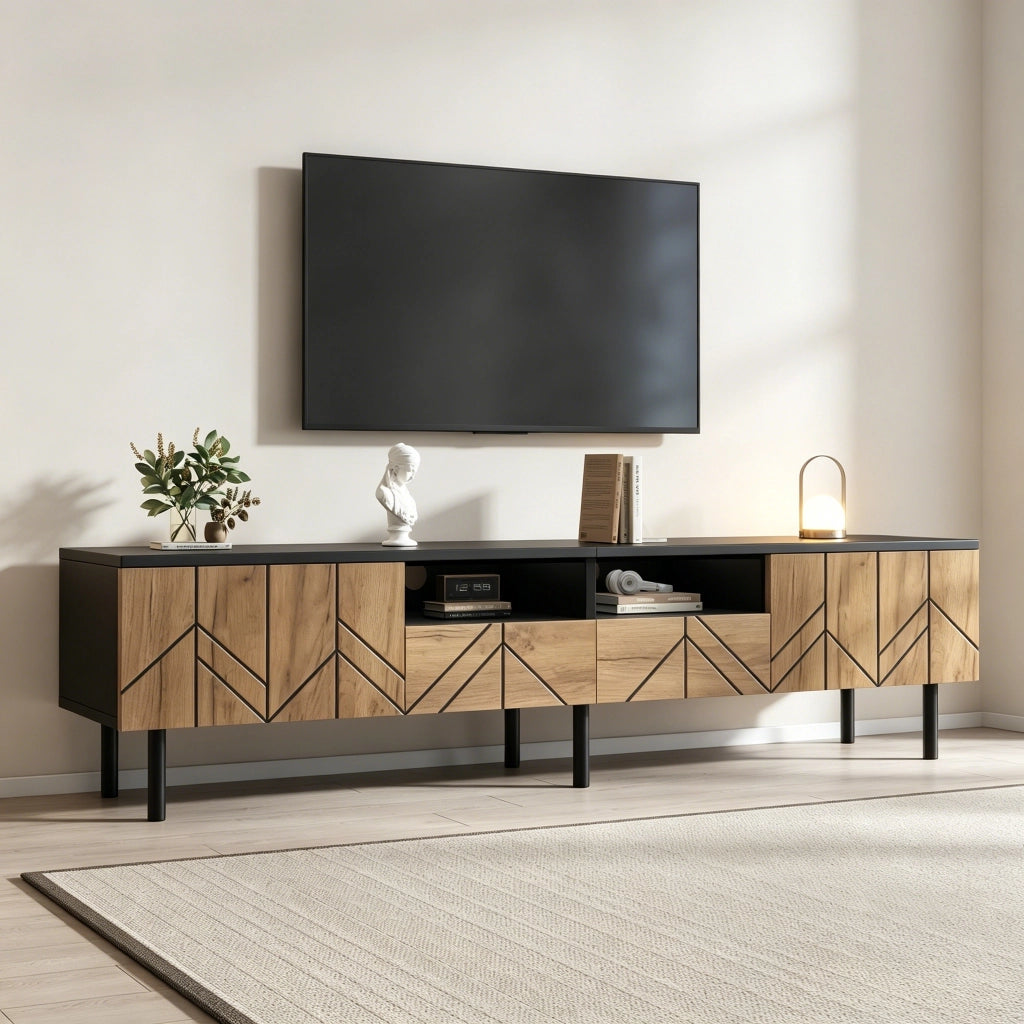 Mobile TV moderno 180x40x45 cm con 2 cassetti e 2 ante, in pannello truciolare, nero e effetto legno, portata fino a 75 kg