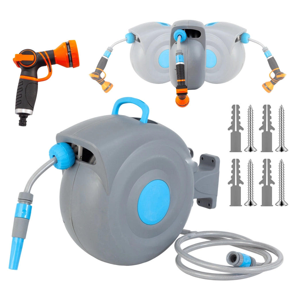 Avvolgitubo da 20 m a parete con riavvolgimento automatico, avvolgitubo da giardino e pistola a spruzzo 9 in 1, resistente ai raggi UV e al gelo,