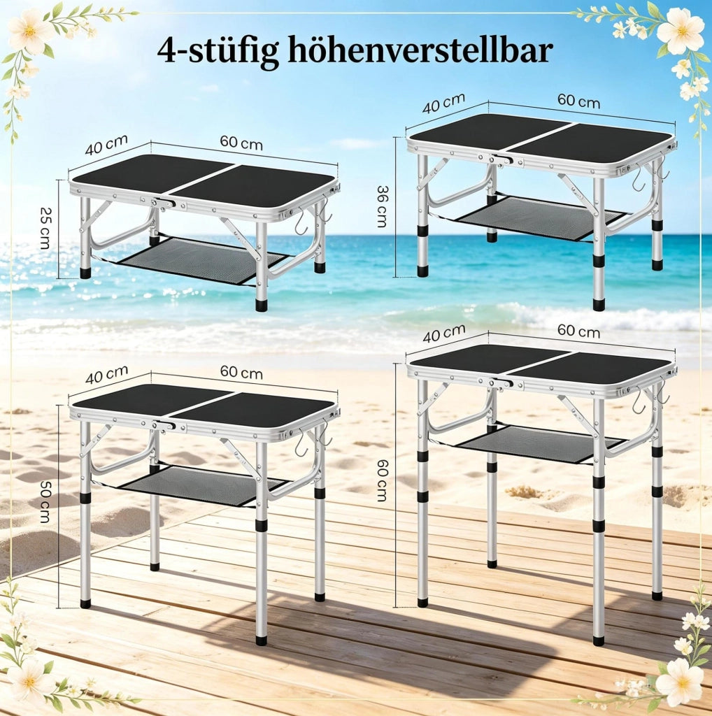 Tavolo da campeggio pieghevole 60x40 cm in MDF e alluminio nero， altezza regolabile