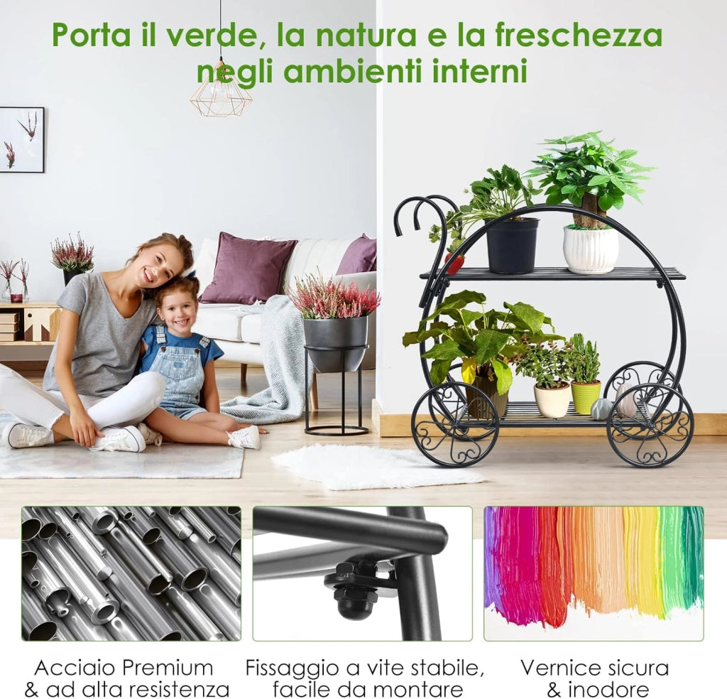 Scaffale per Piante in Metallo, Scaffale Portavasi a 2 Livelli con 4 Ruote, Porta Fiori da Interno ed Esterno per Soggiorno, Giardino e Balcone