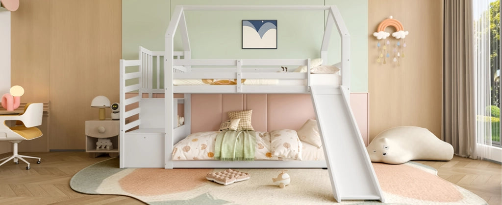 DESMIU Lit a castello casetta 90 × 200 cm 2 posti con scivolo e contenitore, senza materasso, bianco