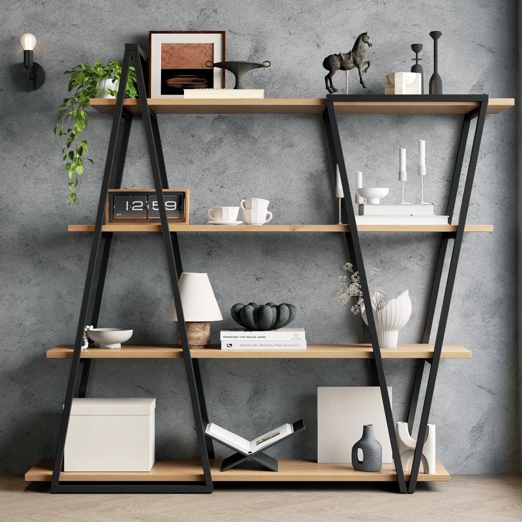 Libreria geometrica da terra 158×35×166 cm con struttura in metallo e ripiani in MDF 25 mm, colore nero/marrone