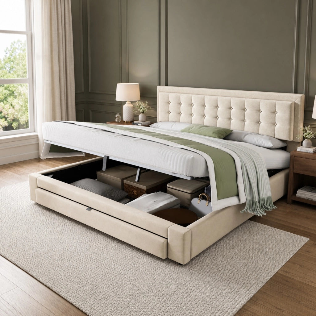 Letto imbottito con contenitore e cassetti; velluto beige; 160 x 200 cm