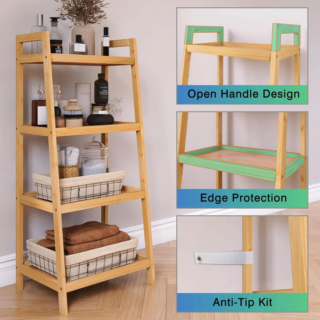Libreria a scala in bambù, organizer per rack da bagno, espositore per piante autoportante a 4 e 5 livelli Scaffali salvaspazio per camera da letto, cucina (naturale, 4 livelli (99cm H))