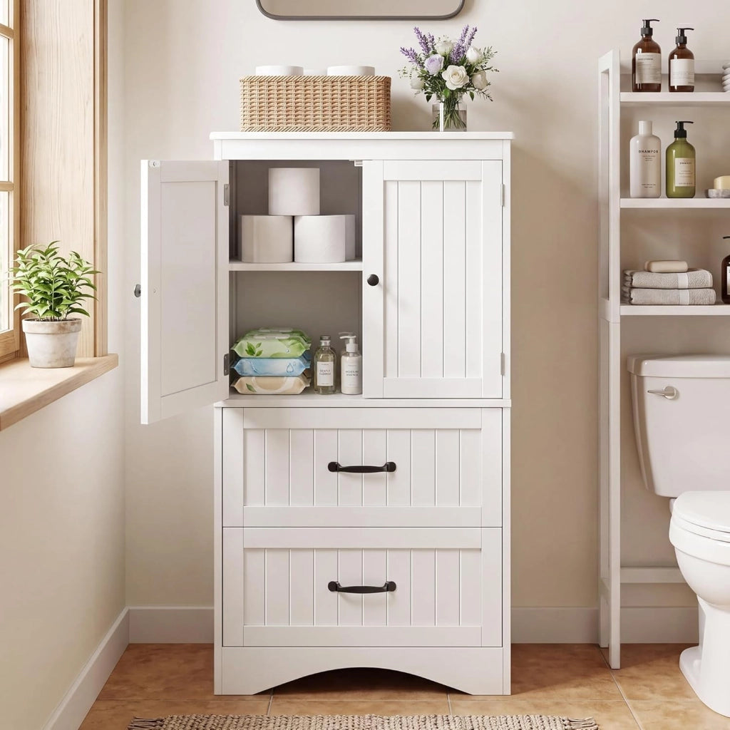 Armadietto da Cucina, Mobile bagno con 2 Cassetti, con Ripiani Regolabili, per Bagno, Soggiorno and Cucina, 60×30×110 cm,Bianco