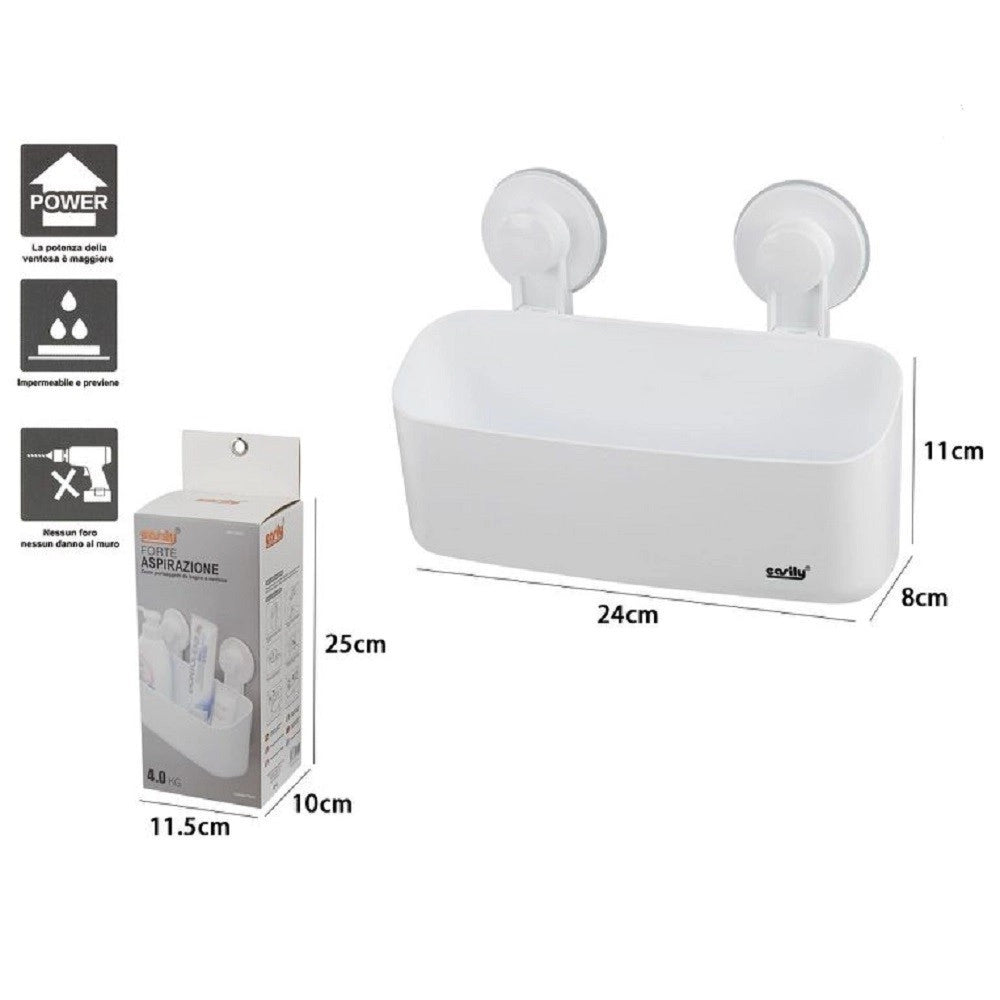 Trade Shop - Cesto Contenitore Porta Oggetti A Ventosa Bianco Accessori Bagno 24x8x11cm 59552 -