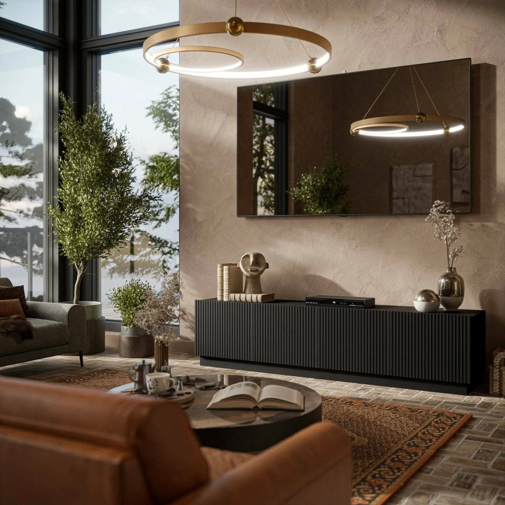 Mobile porta TV Macherio, Madia da salotto con quattro ante battenti, Design minimal e moderno, 200x40 h48 cm, Nero