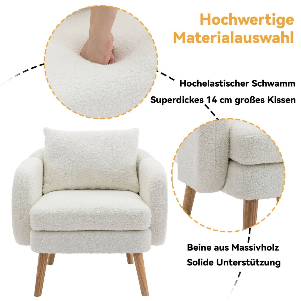 Poltrona in tessuto teddy con cuscino lombare e seduta da 14 cm, struttura in legno massello bianco 71 × 72 × 71 cm