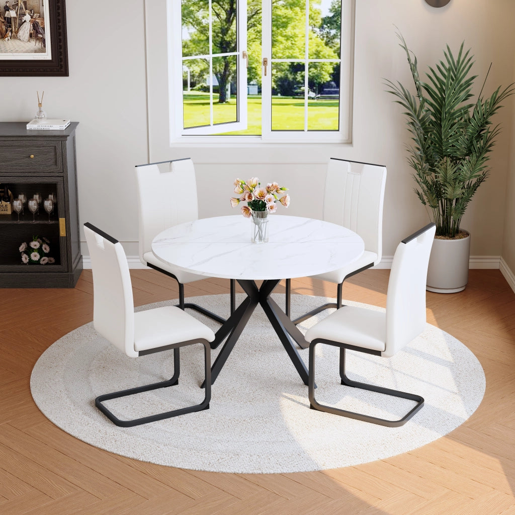 Tavolo da Pranzo Rotondo Effetto Marmo con 2 Sedie ¨C MINIMAL ¨C Bianco, Metallo, Ecopelle