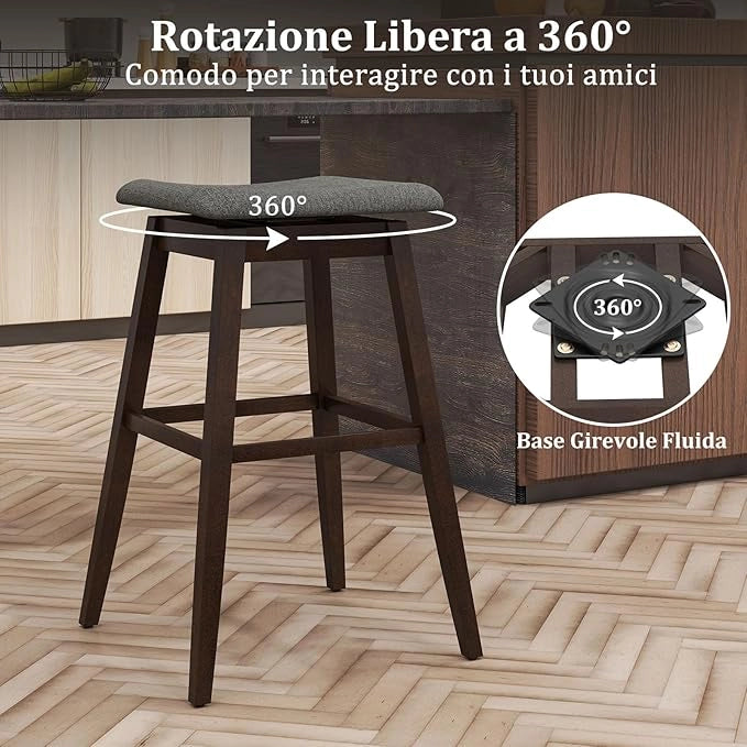 Set di 2 Sgabelli da Bar Girevoli, Sedie Ergonomiche in Tessuto di Lino con Seduta Imbottita, Poggiapiedi e Gambe in Legno di Gomma, Portata 140 kg, per Isola Cucina, Soggiorno e Pub