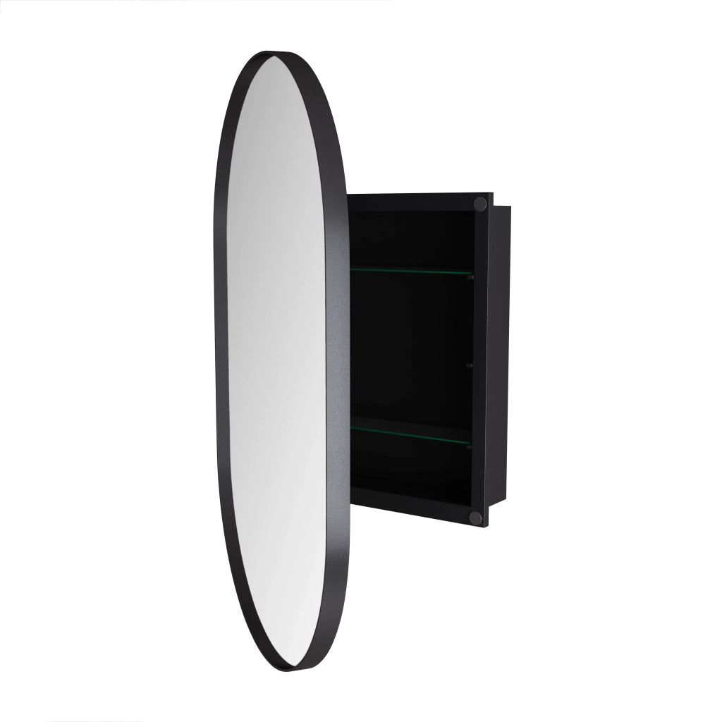 Armadietto a specchio ovale con 2 ripiani regolabili installazione a parete o incasso per bagno in metallo nero