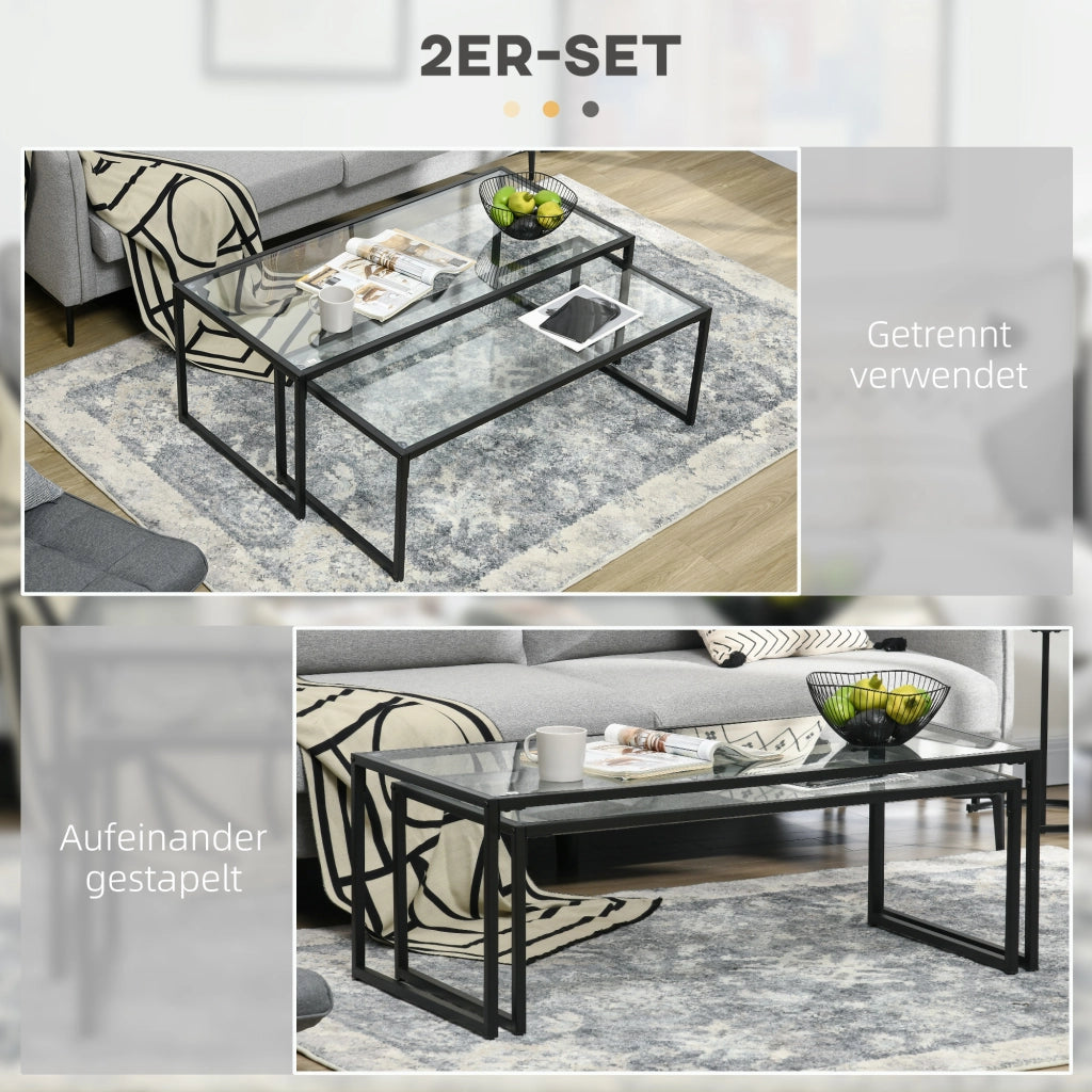 Tavolo da pranzo - set 2 tavolini - piano in vetro - acciaio nero - per soggiorno e camera da letto