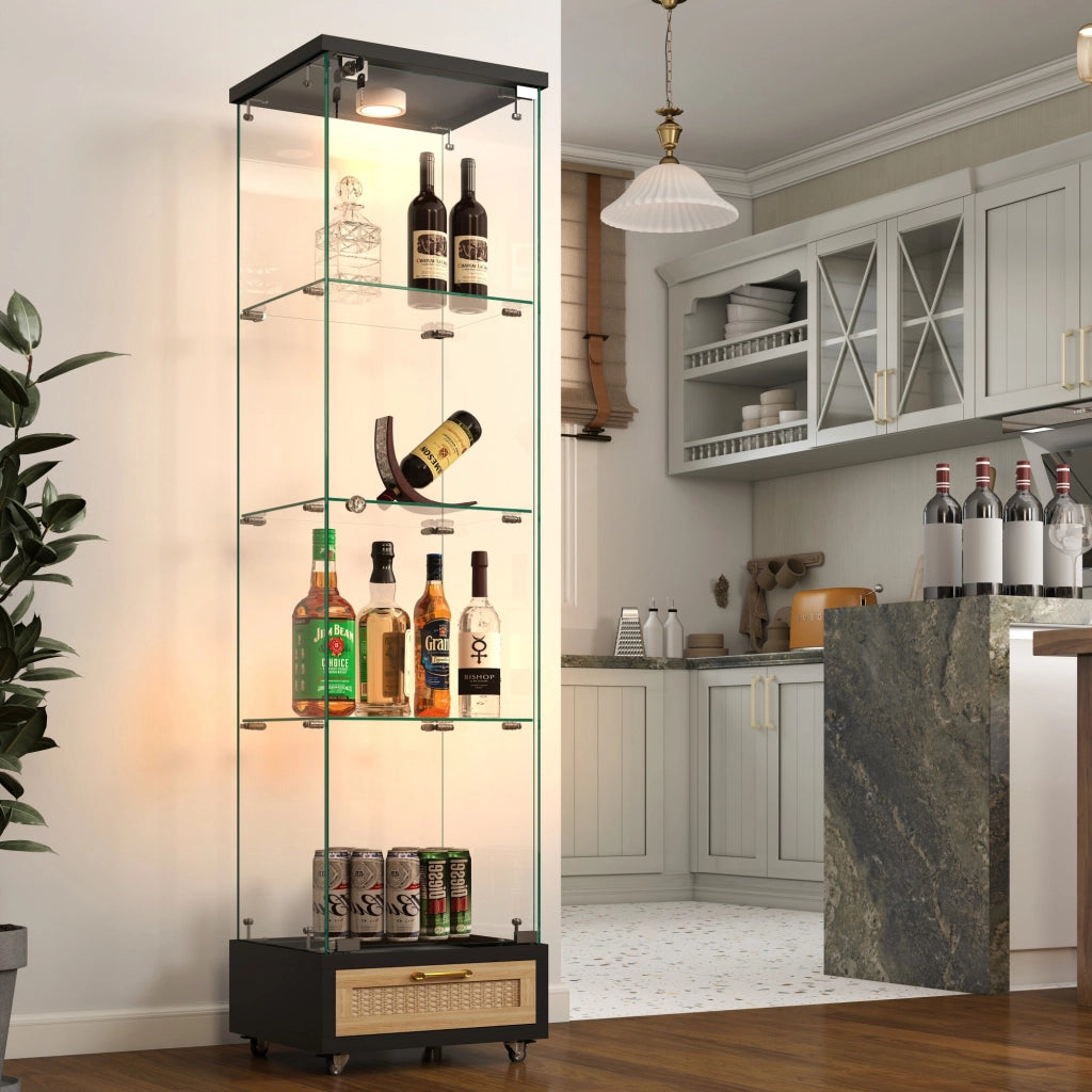Vetrina con 1 anta; 4 ripiani; cassetti e LED - per soggiorno - 42.5×36.5×167 cm - nero