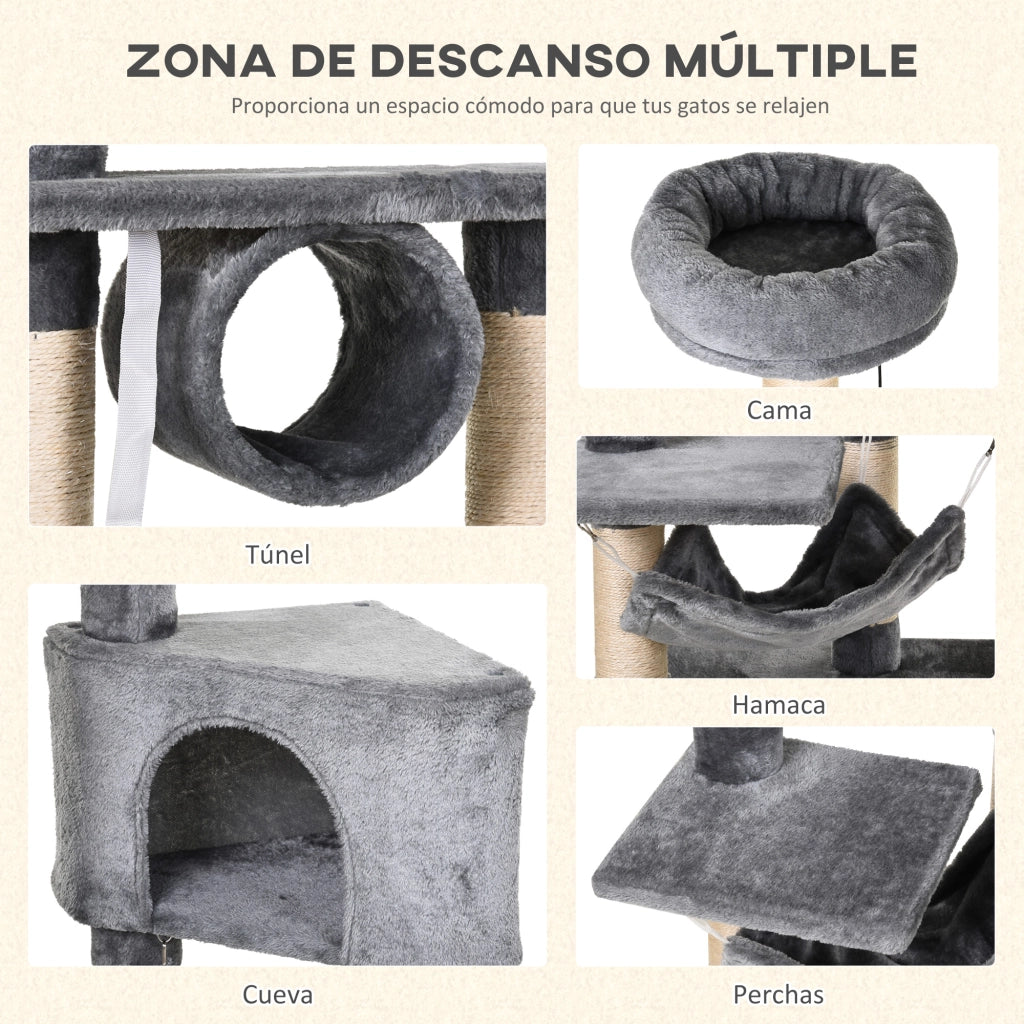 Torre per Gatti con Piattaforme T¨²nel Amaca e Posti di Riscatto ¨C Zephmum ¨C Grigio 60x40x154 cm