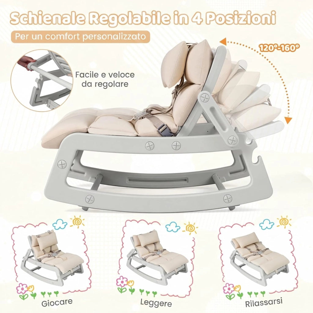 Sedia a Dondolo Bambini, Schienale Regolabile, con Cucino (Grigio) | Sdraietta a Dondolo, Poggiatesta Rimovibile e Cintura 5 Punti, Portata 80 kg, per Bambini 6+ Mesi