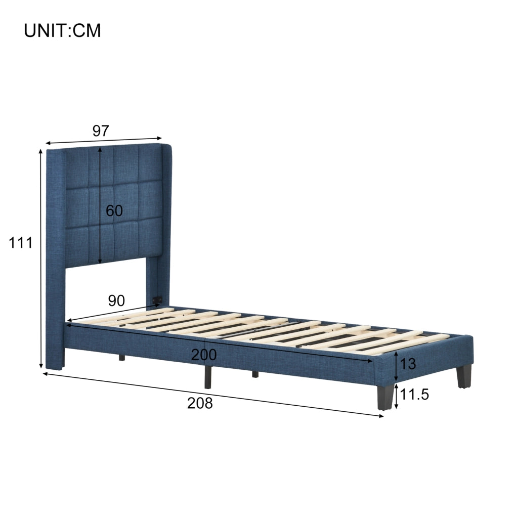 Letto imbottito singolo blu 90x200 cm con rete a doghe e materasso a molle insacchettate H3
