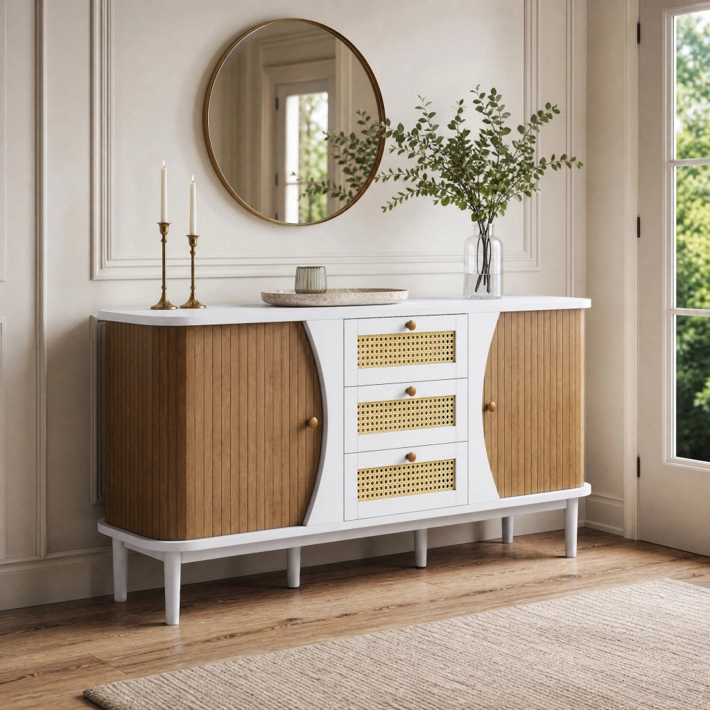 Sideboard bianco con ante effetto legno, cassetti in rattan e ripiani regolabili