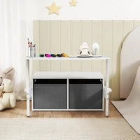 Baule per giochi per bambini 3 in 1, set tavolo e sedie con 2 contenitori in tessuto rimovibili, 67,5 x 46,5 x 56,7 cm, bianco