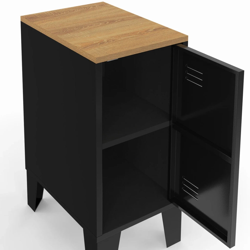 IDMarket - Set di 2 comodini stretti ESTER, 1 anta in metallo nero, piano in faggio, design industriale